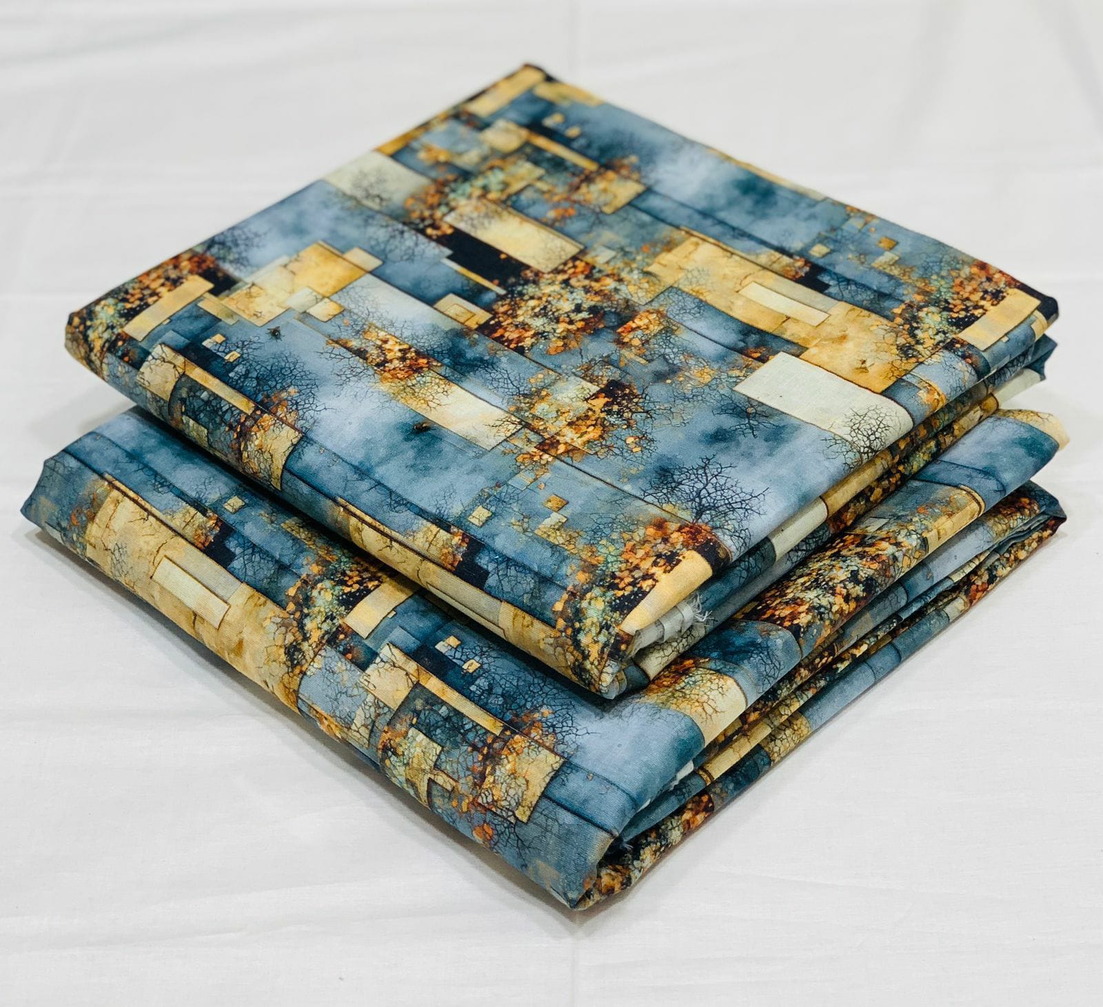 028 - Steel Blue & Ocher Abstract - Shifa Zahra - Classic Lawn